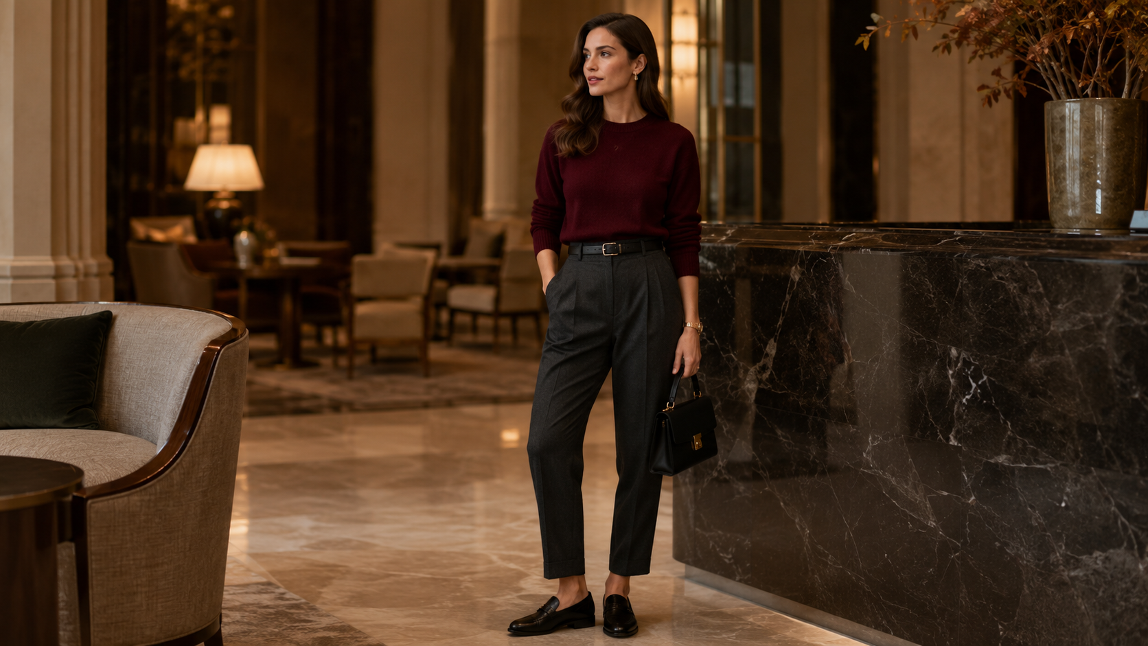 Burgundy Fine-Knit Sweater + Tailored Charcoal Trousers Quiet Luxury Fall Outfits 2026